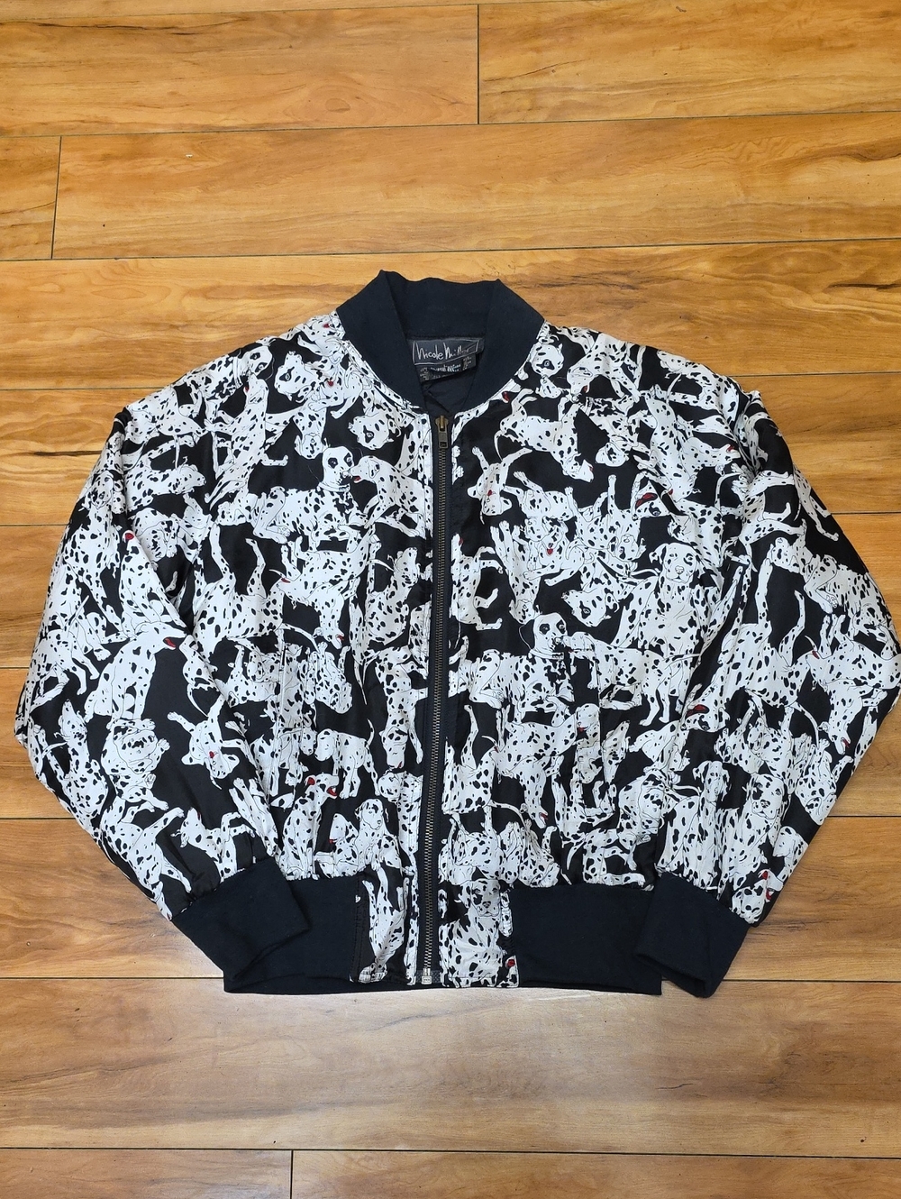 Vintage Rare 1993 Nicole Miller 100% Silk Dalmatian Dog Andy Bomber Jacket Sz Lg